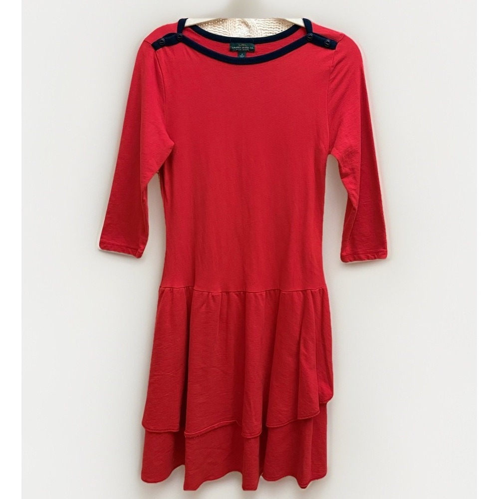 Ralph Lauren S‎ Dress 100% Cotton Boatneck Drop Waist Red Nautical Coastal 90s